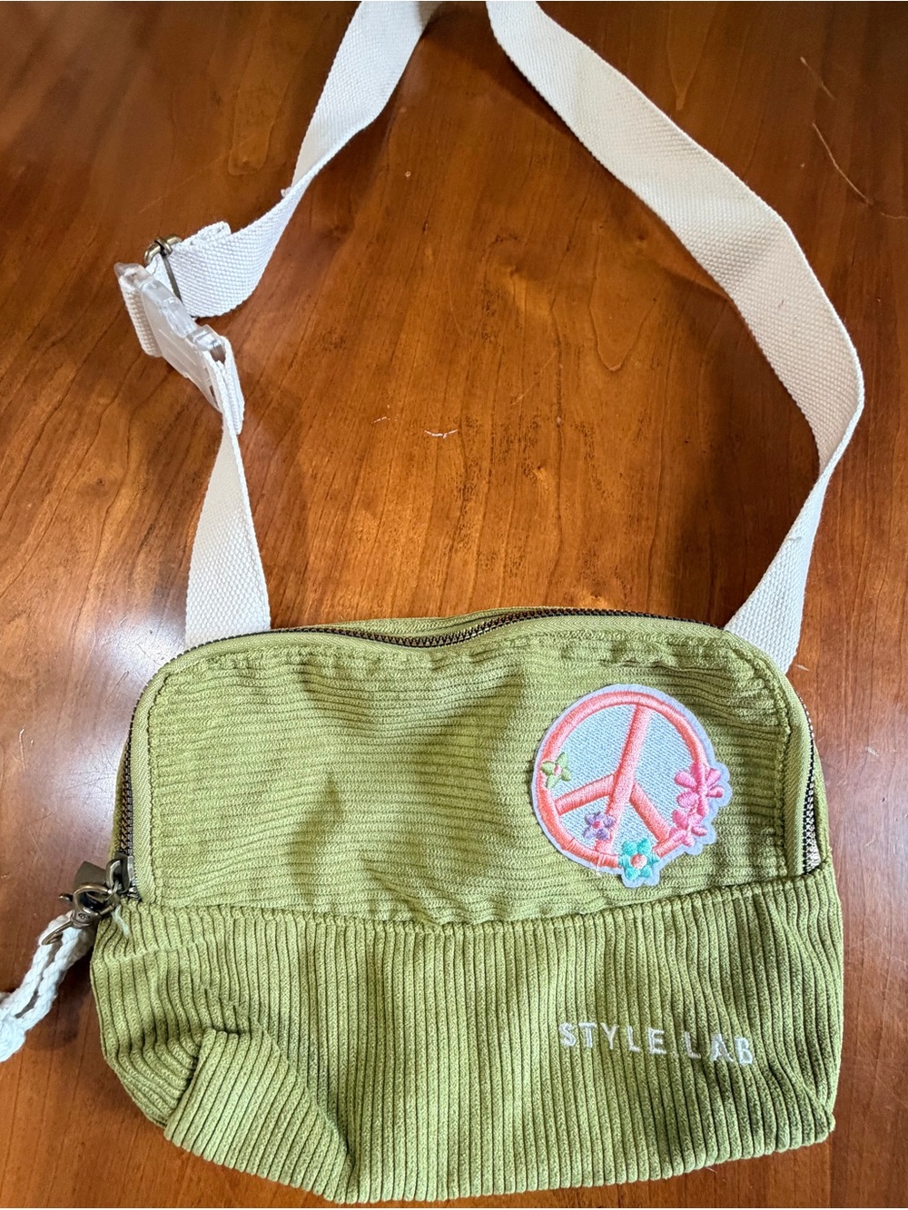 Olive Green Corduroy Crossbody Bag with Peace Patch by